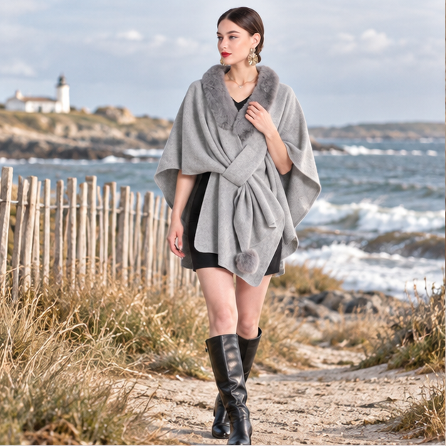 Manteau Poncho Col Fourrure – Gris Clair / Adulte, en situation sur la côte Atlantique