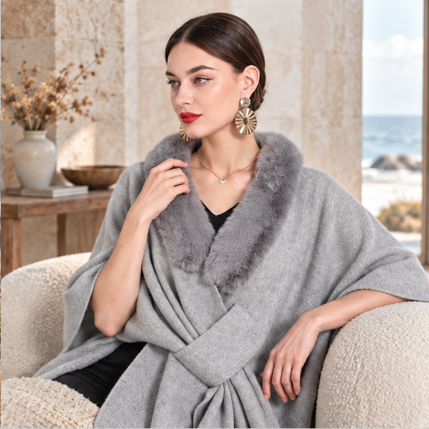 Manteau Poncho Col Fourrure – Gris Clair / Adulte, dans un intérieur côtier lumineux