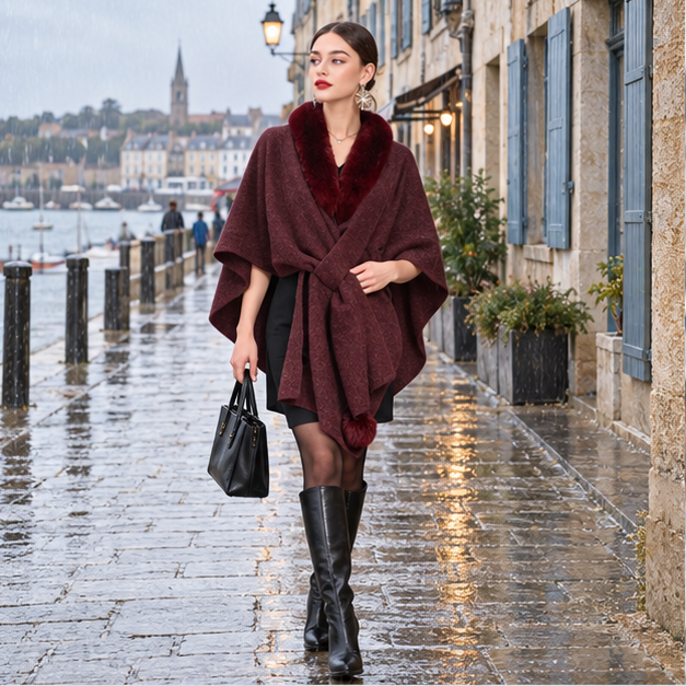 Manteau Poncho Col Fourrure – Bordeaux / Adulte, en situation sur la côte Atlantique