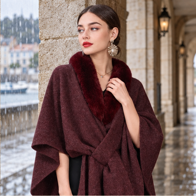Manteau Poncho Col Fourrure – Bordeaux / Adulte, dans un intérieur côtier lumineux