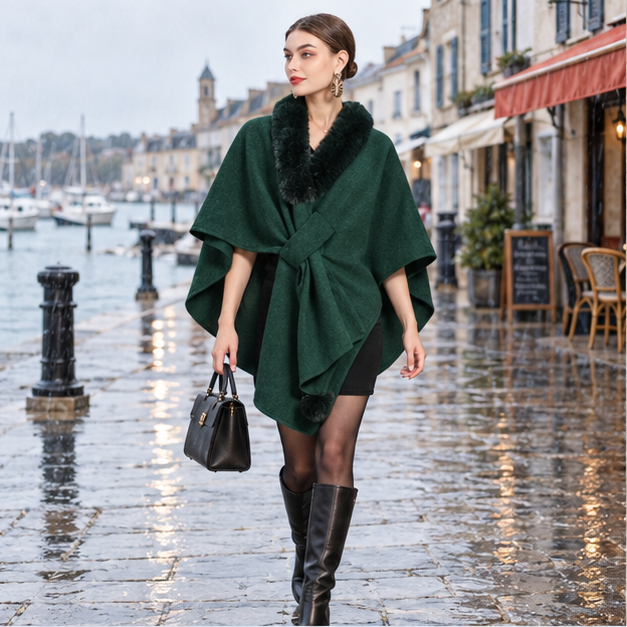 Manteau Poncho Col Fourrure – Vert / Adulte, en situation sur la côte Atlantique