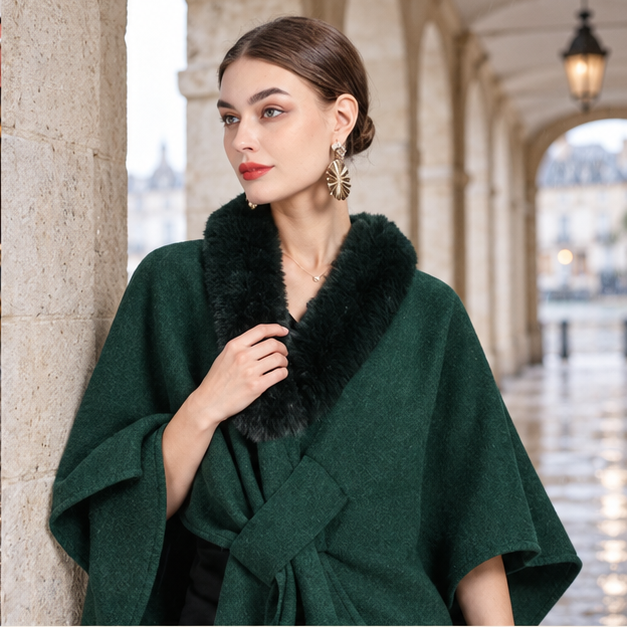 Manteau Poncho Col Fourrure – Vert / Adulte, dans un intérieur côtier lumineux