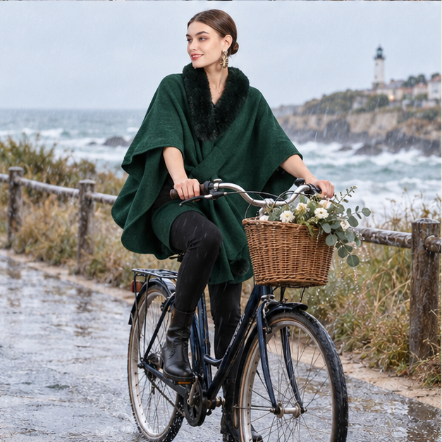 Manteau Poncho Col Fourrure – Vert / Adulte, porté en mouvement au bord de l’océan