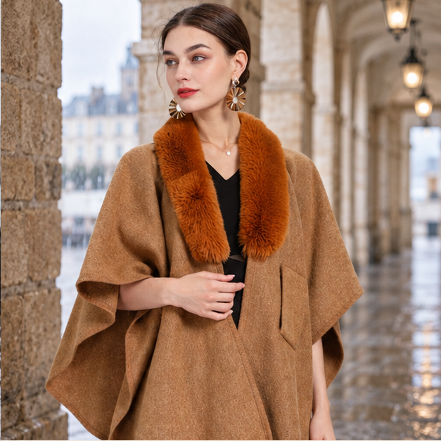 Manteau Poncho Col Fourrure – Camel / Adulte, dans un intérieur côtier lumineux
