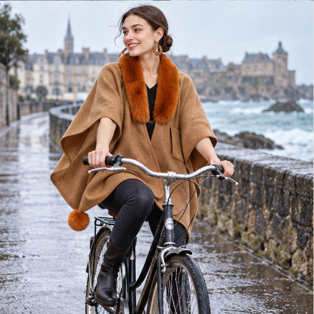 Manteau Poncho Col Fourrure – Camel / Adulte, porté en mouvement au bord de l’océan