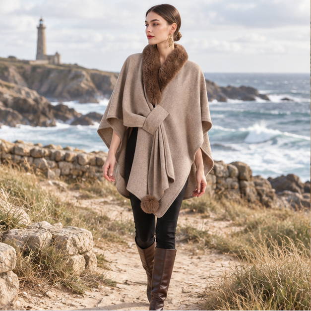 Manteau Poncho Col Fourrure – Kaki / Adulte, en situation sur la côte Atlantique