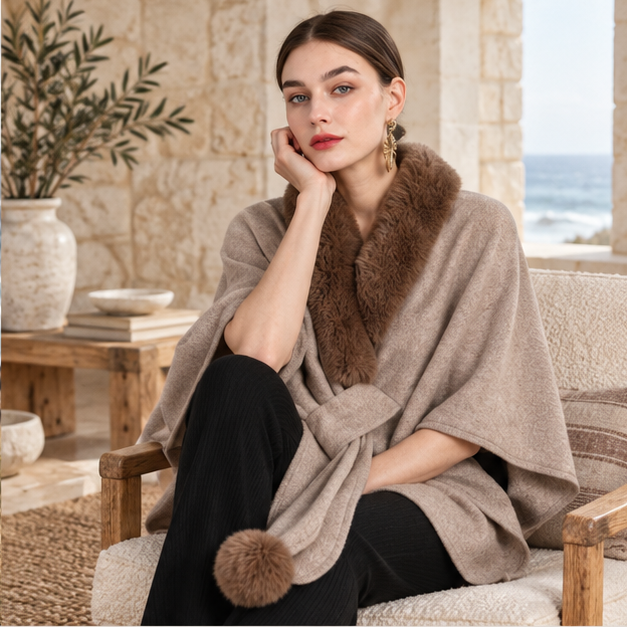 Manteau Poncho Col Fourrure – Kaki / Adulte, dans un intérieur côtier lumineux