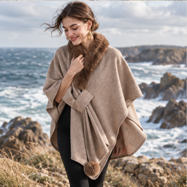 Manteau Poncho Col Fourrure – Kaki / Adulte, porté en mouvement au bord de l’océan