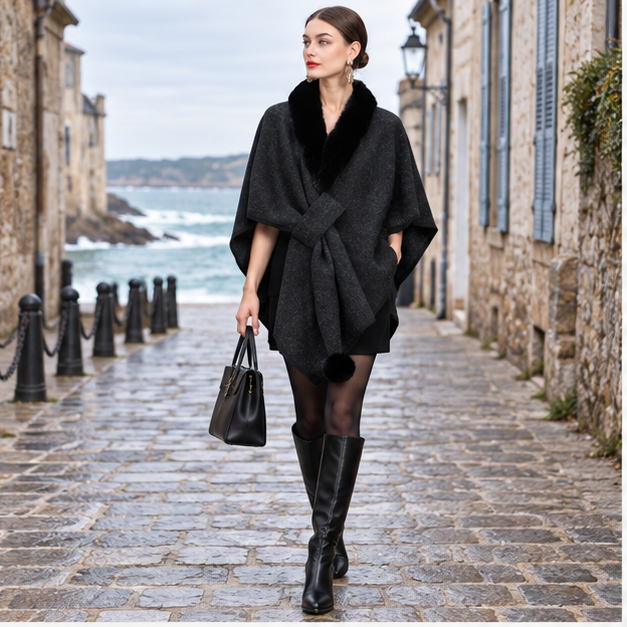 Manteau Poncho Col Fourrure – Noir / Adulte, en situation sur la côte Atlantique
