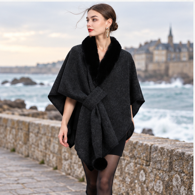 Manteau Poncho Col Fourrure – Noir / Adulte, porté en mouvement au bord de l’océan