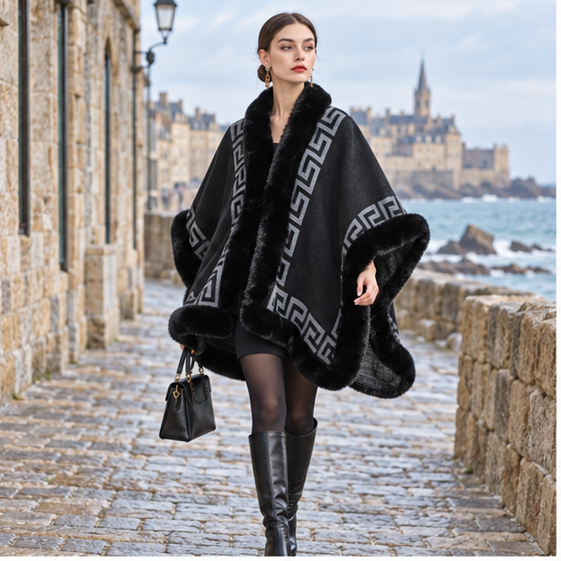 Manteau Poncho Femme Hiver – Noir / Adulte, en situation sur la côte Atlantique