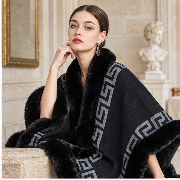 Manteau Poncho Femme Hiver – Noir / Adulte, dans un intérieur côtier lumineux