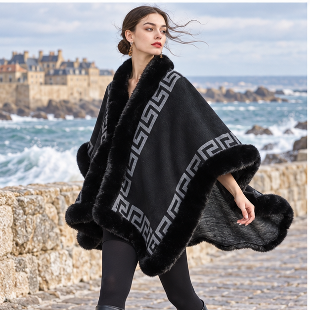 Manteau Poncho Femme Hiver – Noir / Adulte, porté en mouvement au bord de l’océan
