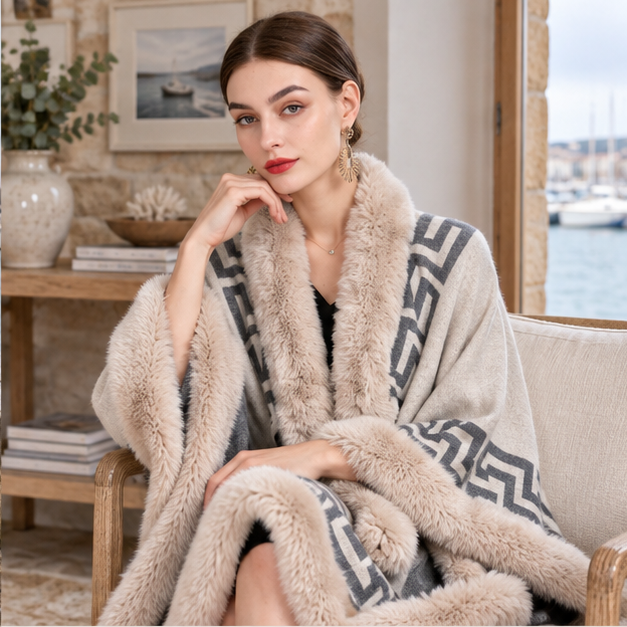 Manteau Poncho Femme Hiver – Beige / Adulte, dans un intérieur côtier lumineux