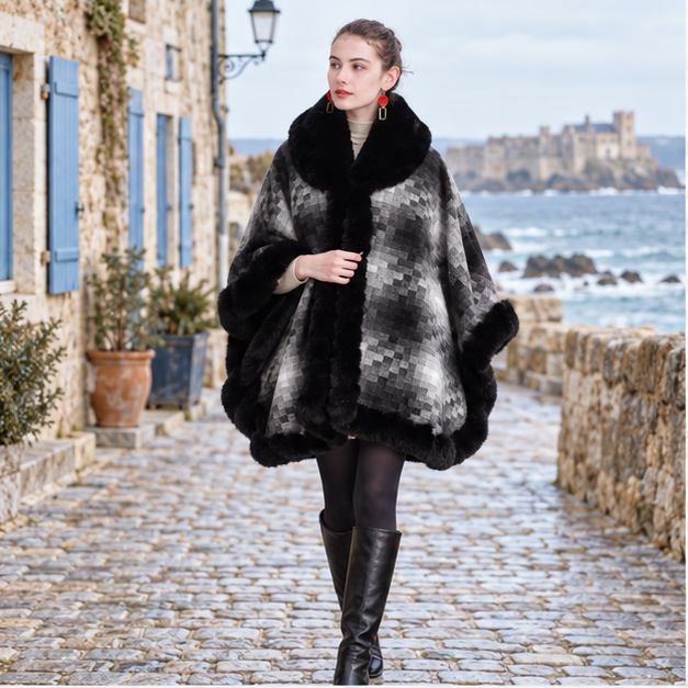 Manteau Poncho Fourrure – Noir / Adulte, en situation sur la côte Atlantique