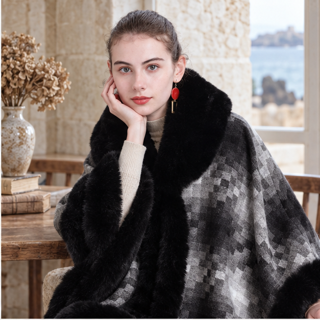 Manteau Poncho Fourrure – Noir / Adulte, dans un intérieur côtier lumineux