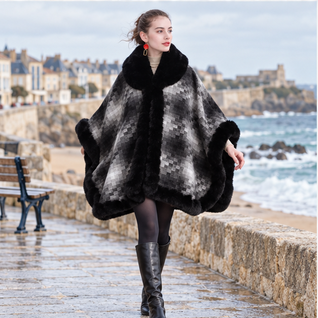 Manteau Poncho Fourrure – Noir / Adulte, porté en mouvement au bord de l’océan