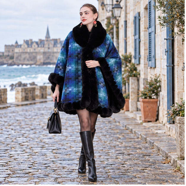 Manteau Poncho Fourrure – Bleu / Adulte, en situation sur la côte Atlantique
