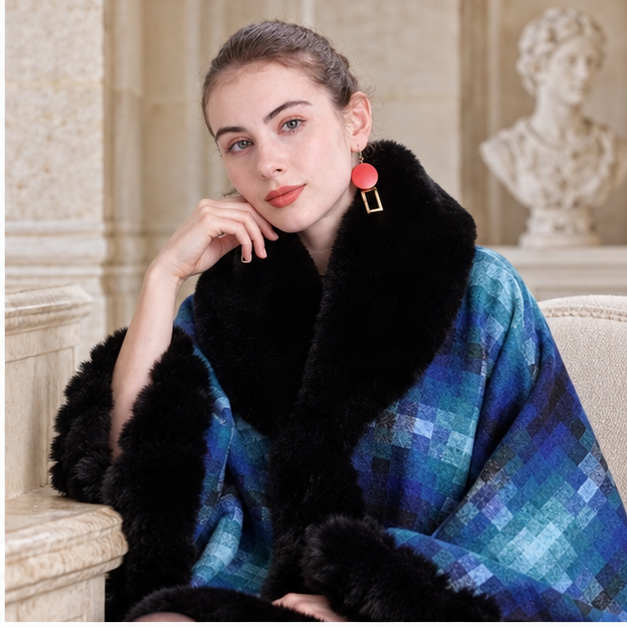 Manteau Poncho Fourrure – Bleu / Adulte, dans un intérieur côtier lumineux