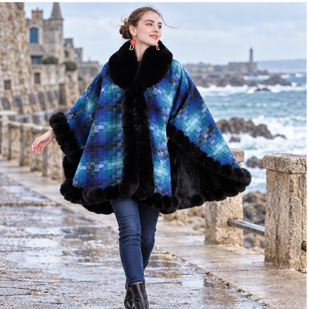 Manteau Poncho Fourrure – Bleu / Adulte, porté en mouvement au bord de l’océan