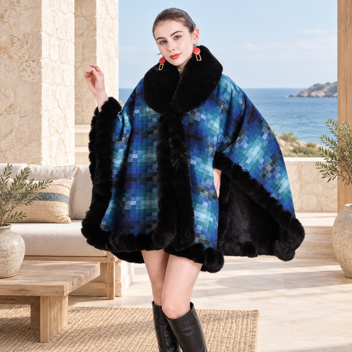 Manteau Poncho Fourrure – Bleu / Adulte, visuel principal lifestyle