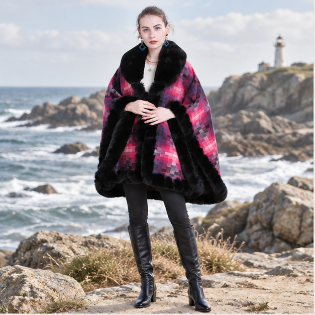 Manteau Poncho Fourrure – Rouge / Adulte, en situation sur la côte Atlantique