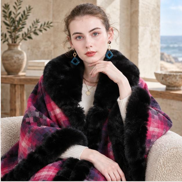 Manteau Poncho Fourrure – Rouge / Adulte, dans un intérieur côtier lumineux
