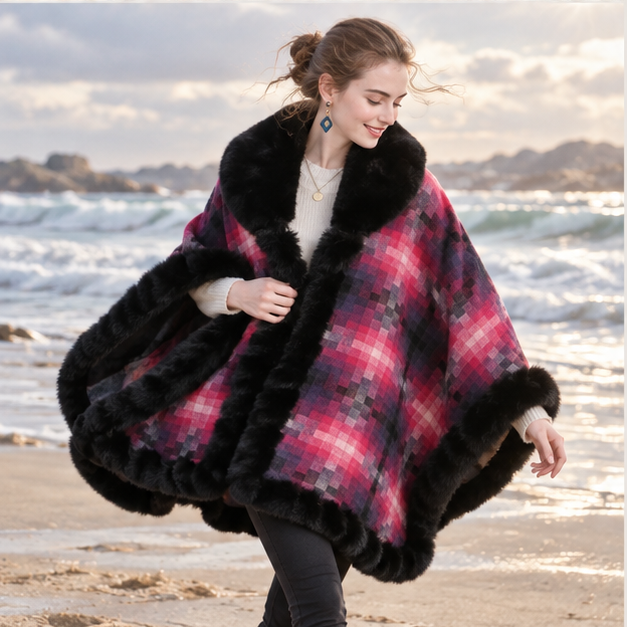 Manteau Poncho Fourrure – Rouge / Adulte, porté en mouvement au bord de l’océan