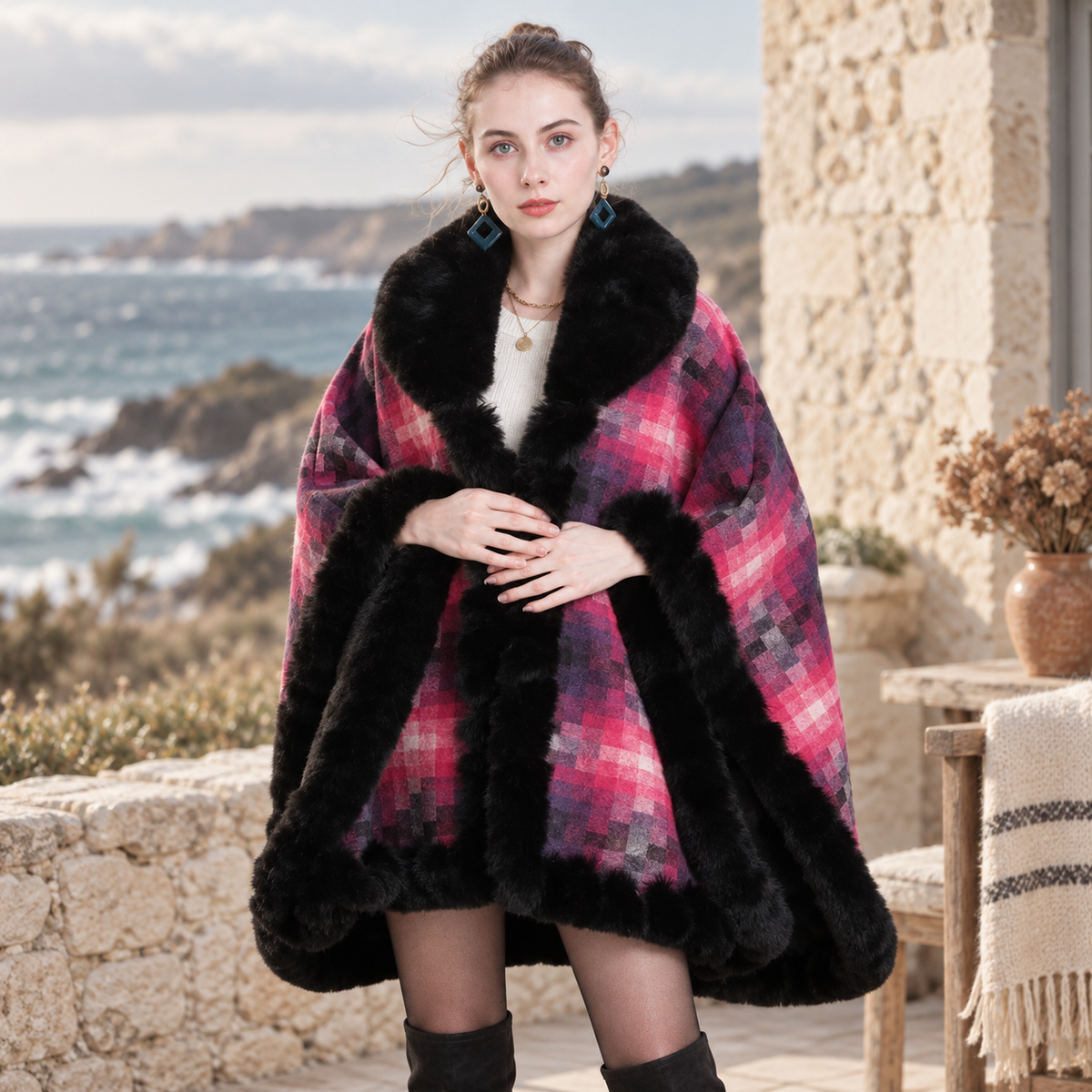 Manteau Poncho Fourrure – Rouge / Adulte, visuel principal lifestyle