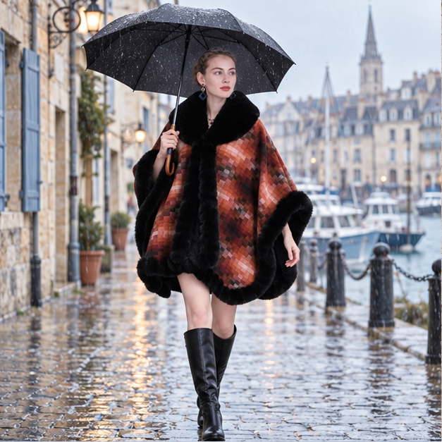 Manteau Poncho Fourrure – Orange / Adulte, en situation sur la côte Atlantique