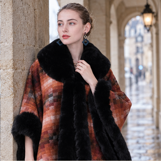 Manteau Poncho Fourrure – Orange / Adulte, dans un intérieur côtier lumineux