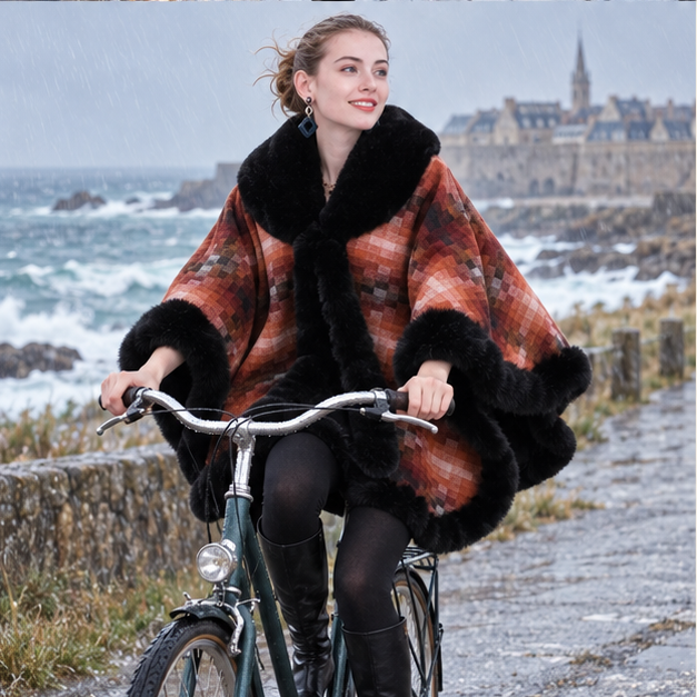 Manteau Poncho Fourrure – Orange / Adulte, porté en mouvement au bord de l’océan