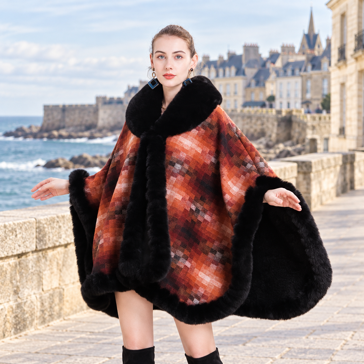 Manteau Poncho Fourrure – Orange / Adulte, visuel principal lifestyle