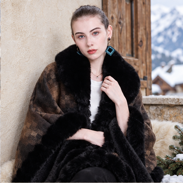 Manteau Poncho Fourrure – Marron / Adulte, dans un intérieur côtier lumineux
