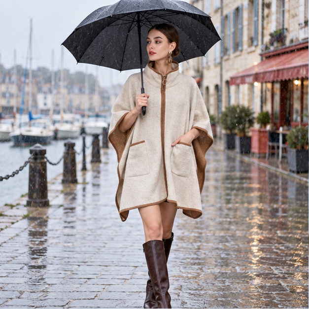 Manteau Poncho Zippé – Beige / Adulte, en situation sur la côte Atlantique