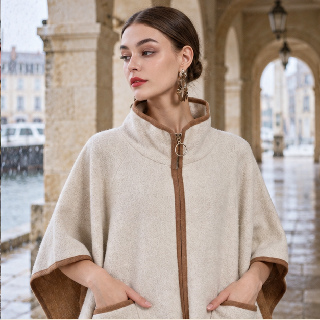 Manteau Poncho Zippé – Beige / Adulte, dans un intérieur côtier lumineux