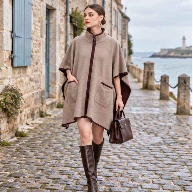 Manteau Poncho Zippé – Kaki / Adulte, en situation sur la côte Atlantique