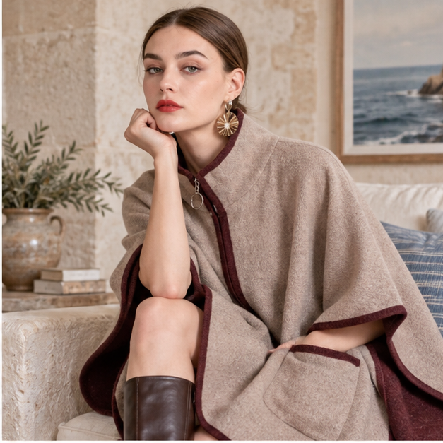 Manteau Poncho Zippé – Kaki / Adulte, dans un intérieur côtier lumineux