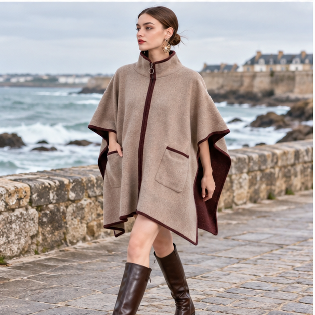 Manteau Poncho Zippé – Kaki / Adulte, porté en mouvement au bord de l’océan