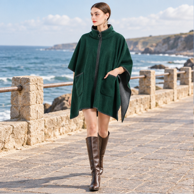 Manteau Poncho Zippé – Vert / Adulte, en situation sur la côte Atlantique