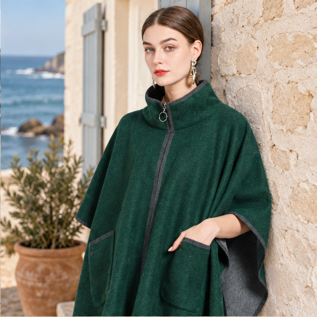 Manteau Poncho Zippé – Vert / Adulte, dans un intérieur côtier lumineux