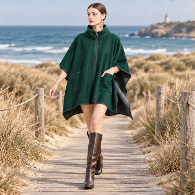 Manteau Poncho Zippé – Vert / Adulte, porté en mouvement au bord de l’océan