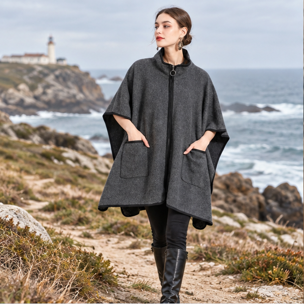 Manteau Poncho Zippé – Gris Foncé / Adulte, en situation sur la côte Atlantique