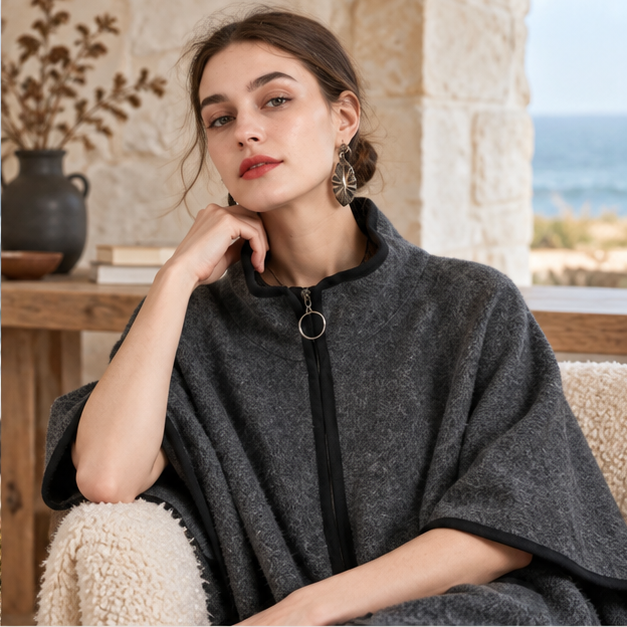 Manteau Poncho Zippé – Gris Foncé / Adulte, dans un intérieur côtier lumineux
