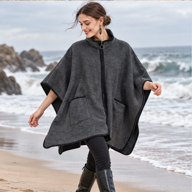 Manteau Poncho Zippé – Gris Foncé / Adulte, porté en mouvement au bord de l’océan