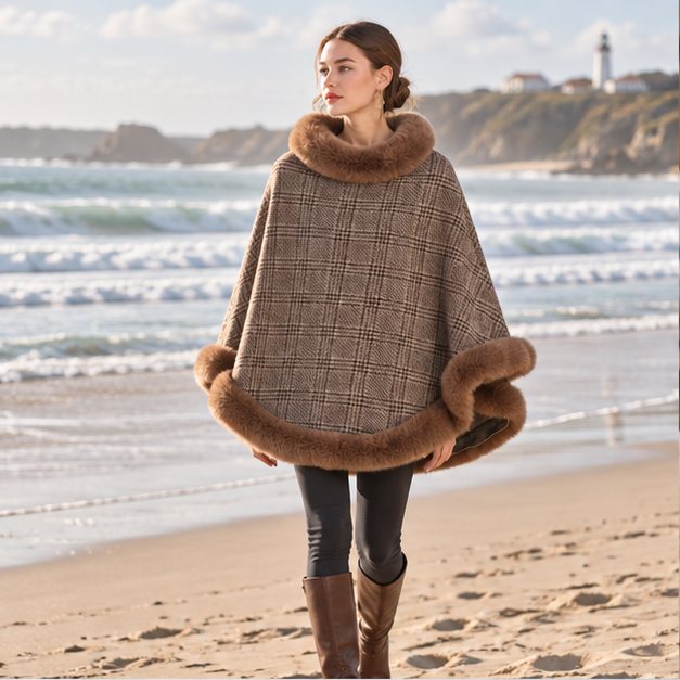Poncho à Carreaux – Marron / Adulte, en situation sur la côte Atlantique
