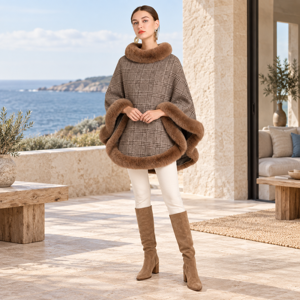 Poncho à Carreaux – Marron / Adulte, visuel principal lifestyle