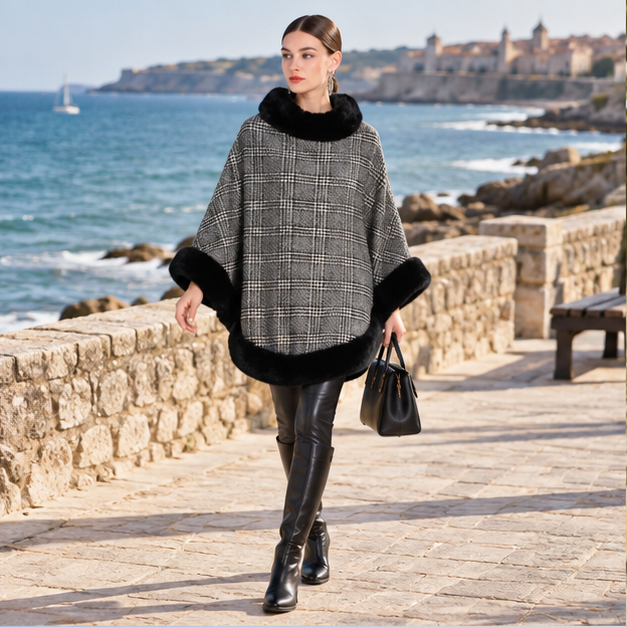 Poncho à Carreaux – Noir / Adulte, en situation sur la côte Atlantique