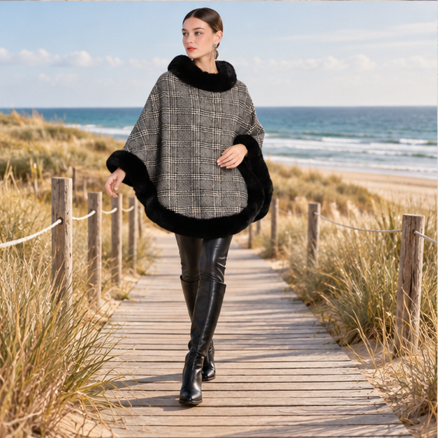 Poncho à Carreaux – Noir / Adulte, porté en mouvement au bord de l’océan