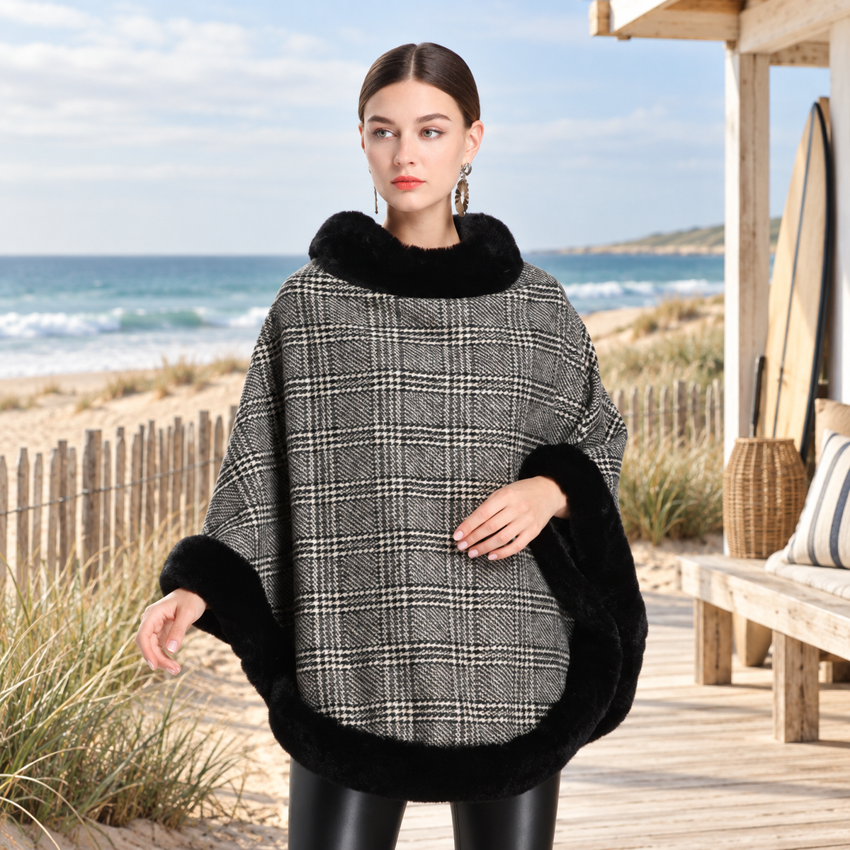 Poncho à Carreaux – Noir / Adulte, visuel principal lifestyle